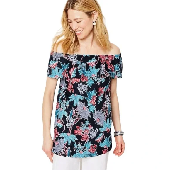 J Jill Sarasa Wide Leg Crop Pant + Ruffle Linen Top Tropical Print Co-or… - Picture 6 of 16